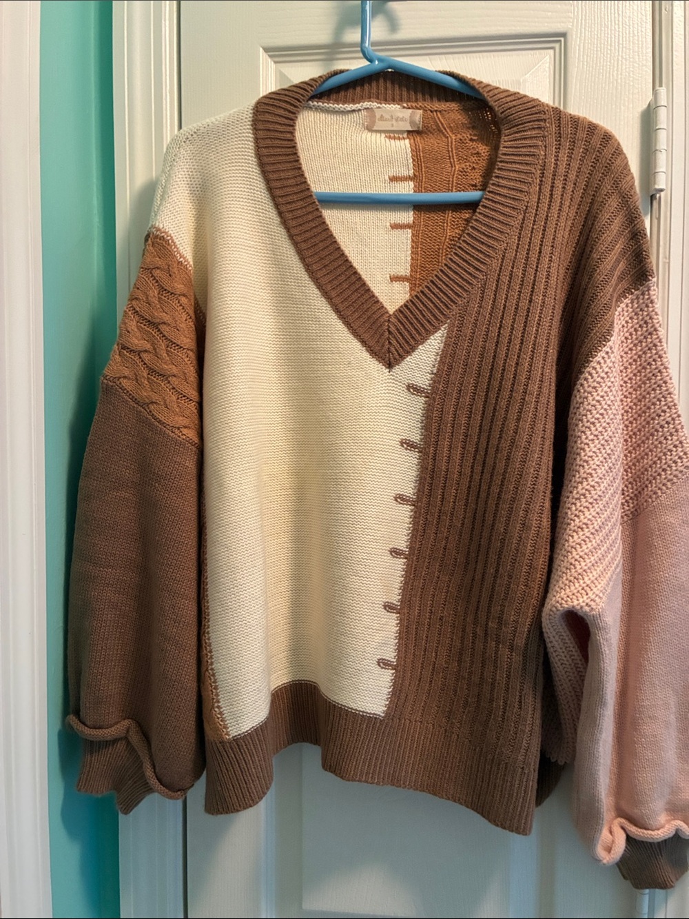 Altar'd State Brown, Cream & Pink Patchwork V-Neck Sweater